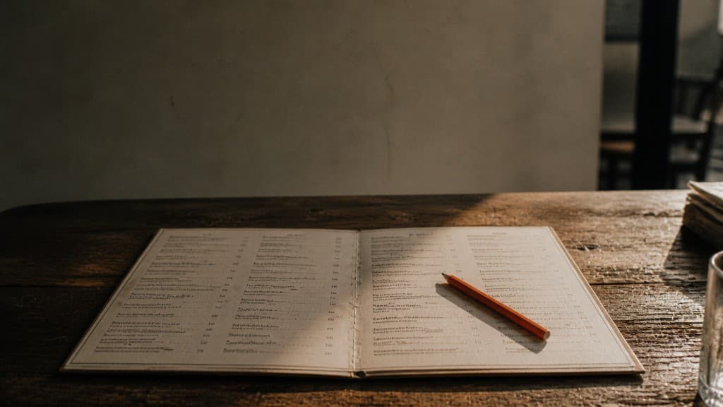 Menu ouvert sur une table en bois rustique, crayon orange posé sur la page, lumière chaude