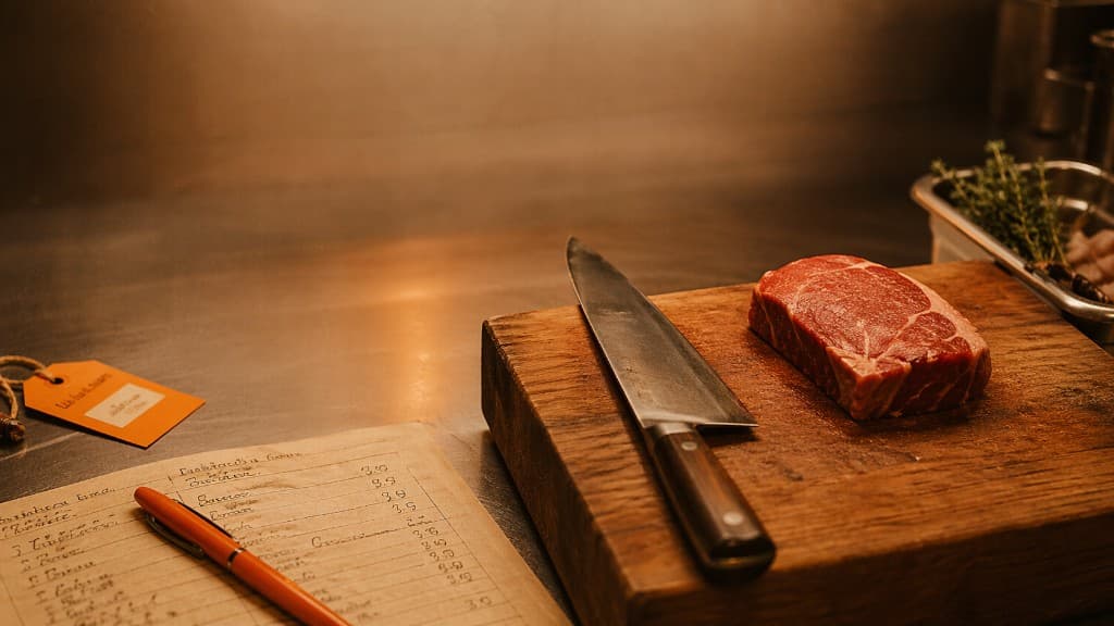 Plan de travail en inox : viande crue sur planche en bois, couteau de chef, carnet manuscrit et stylo orange pour le suivi des coûts