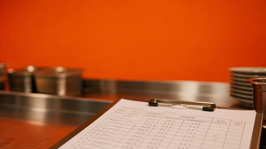 Feuille de relevés HACCP sur clipboard posée sur un plan de travail en inox, mur orange en arrière-plan